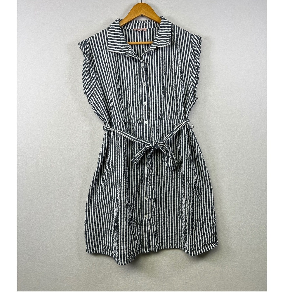 Falling Flower Striped Seersucker Button‎ Front Shirt Dress Belted Size L